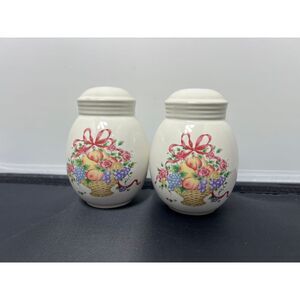 Vintage Floral Fruit Basket Salt and‎ Pepper Shakers Ceramic Kitchen Decor White